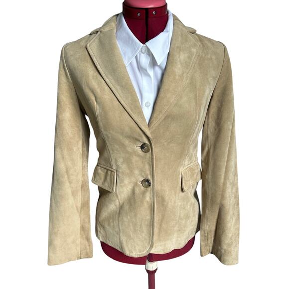Vintage 2002 Banana‎ Republic Size 0 Genuine Leather Tan 2 Button Blazer Jacket - Picture 1 of 6